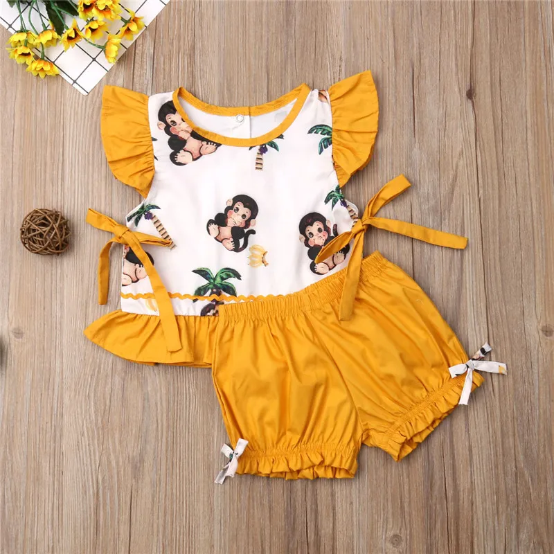 

Children T Shirt Shorts 2pcs Summer Outfits Cotton Cartoon Print Top Fly Sleeve Cute Baby girl Clothes