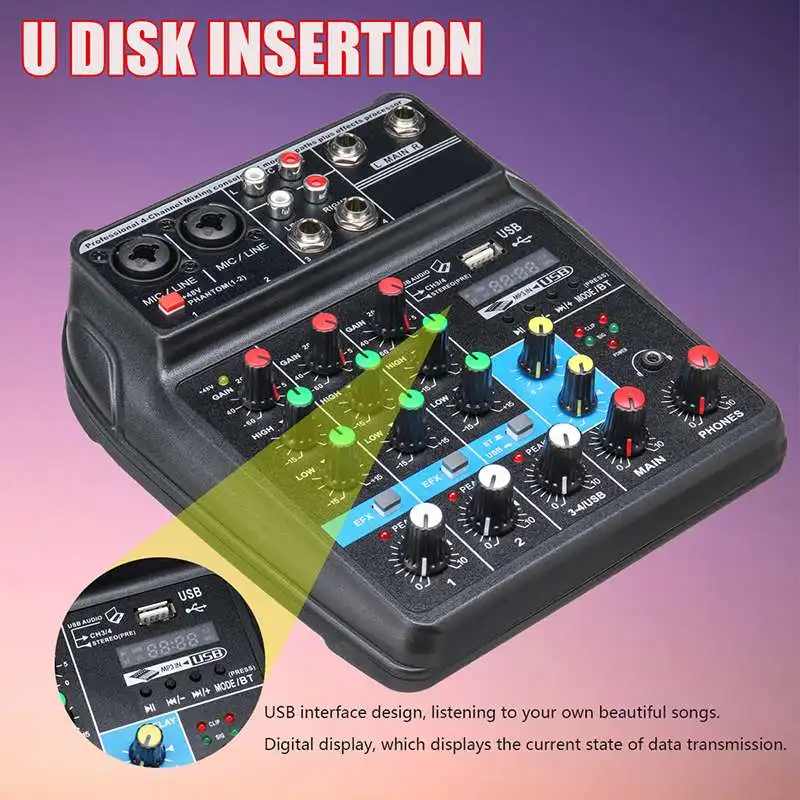 Portable bluetooth A4 Sound Mixing Console Audio Mixer Record 48V Phantom Power Effects 4 Channels Audio Mixer with USB Portable bluetooth A4 Sound Mixing Console Audio Mixer Record 48V Phantom Power Effects 4 Channels Audio Mixer with USB