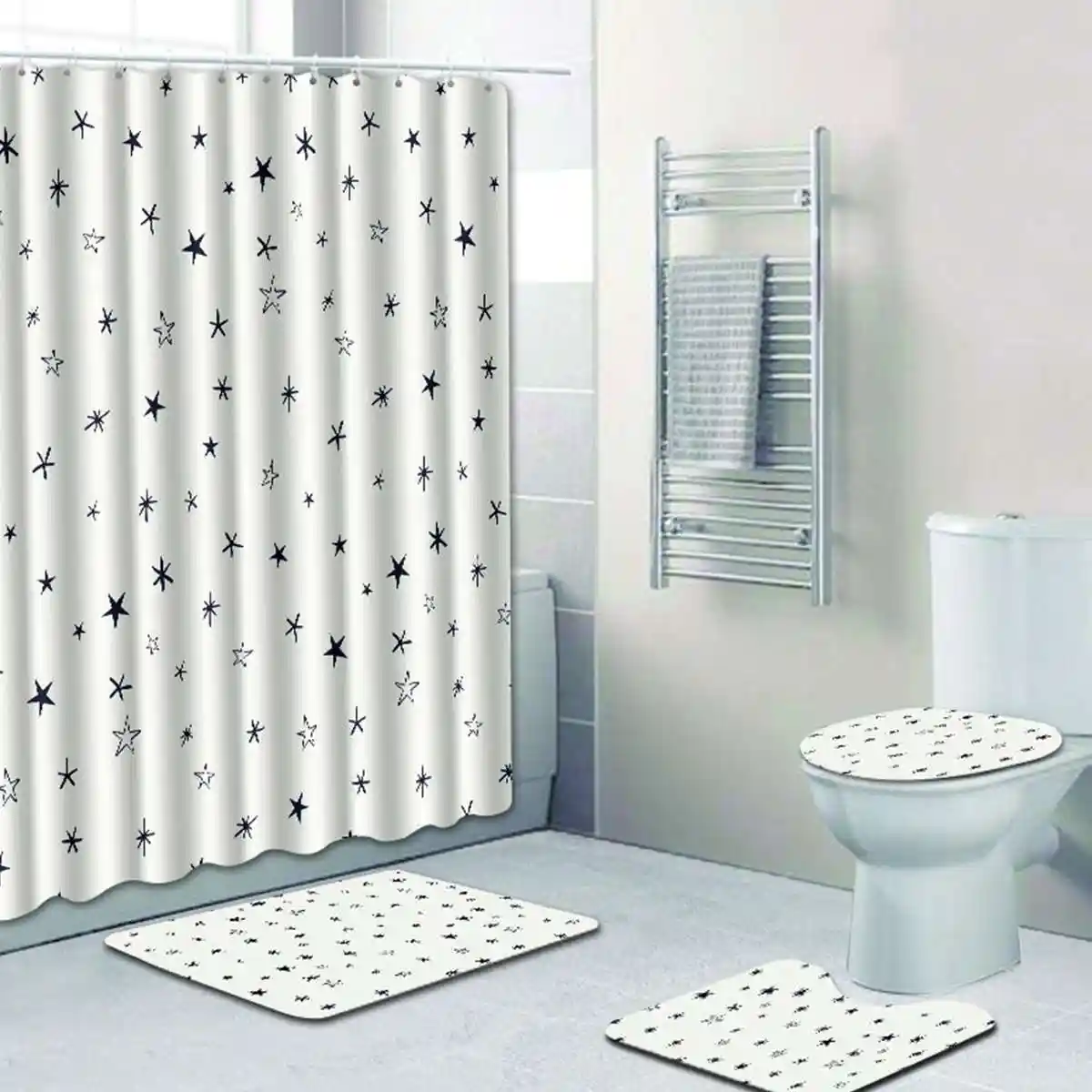 4pcs Toilet Cover Bath Mat Shower Curtain Bathroom Set Waterproof Bath Mat Shower Curtain Bathroom
