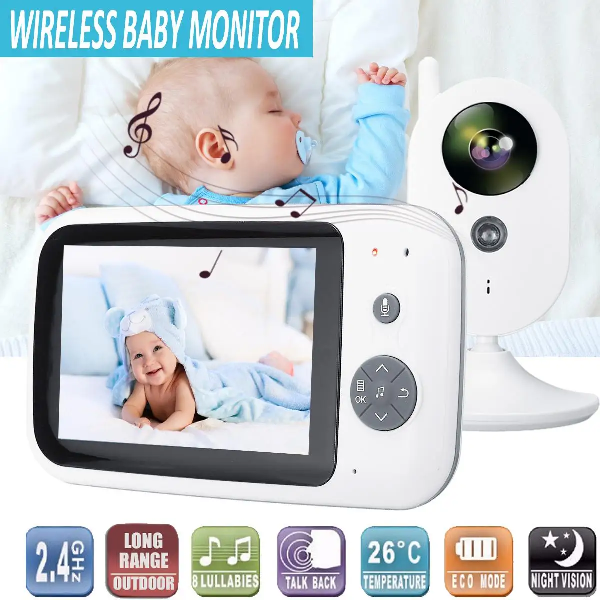 

3.5'' Wireless LCD Audio Baby Monitor with Camera Two Way Talk Video Night Vision LullabySurveillance Security Baby Sleep Camera
