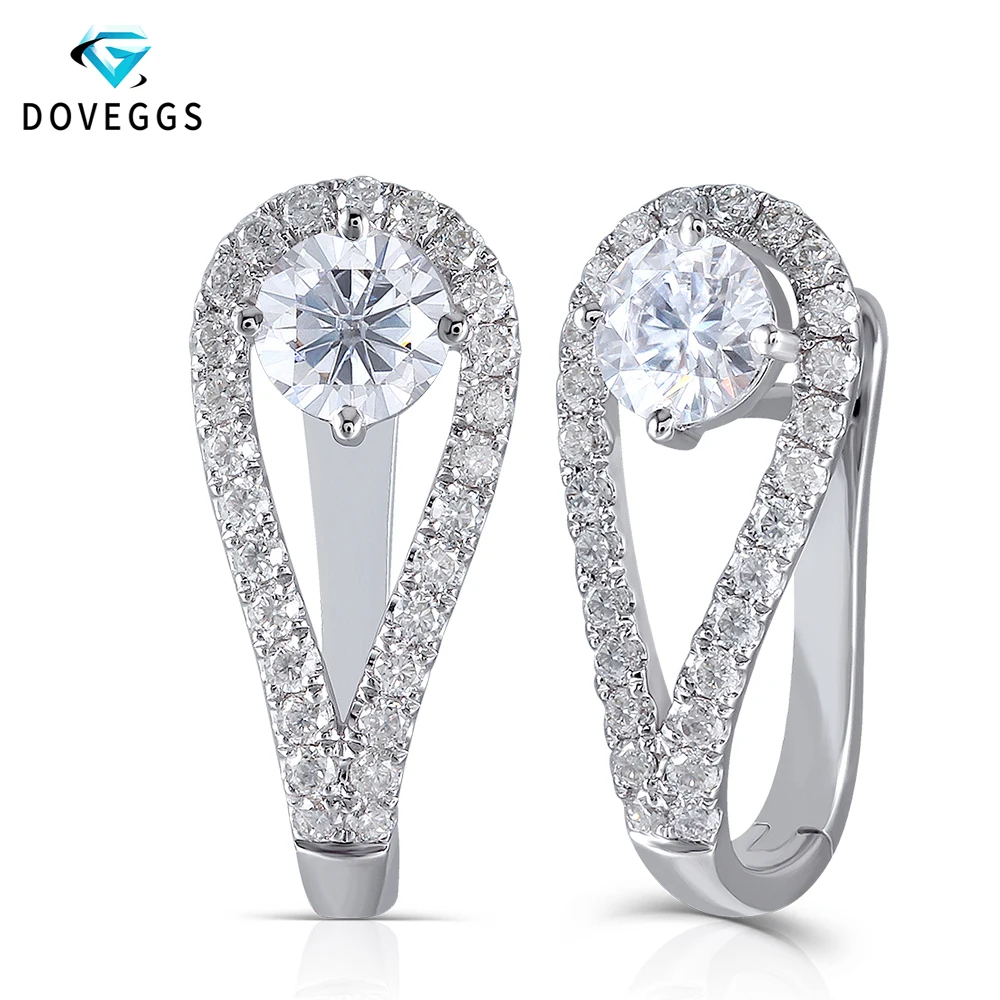 

DovEggs Genuine 14K White Gold 585 Center 0.5ct 5mm F Color Moissanite Halo Hoop Earring for Women Huggie Earrings with Accents