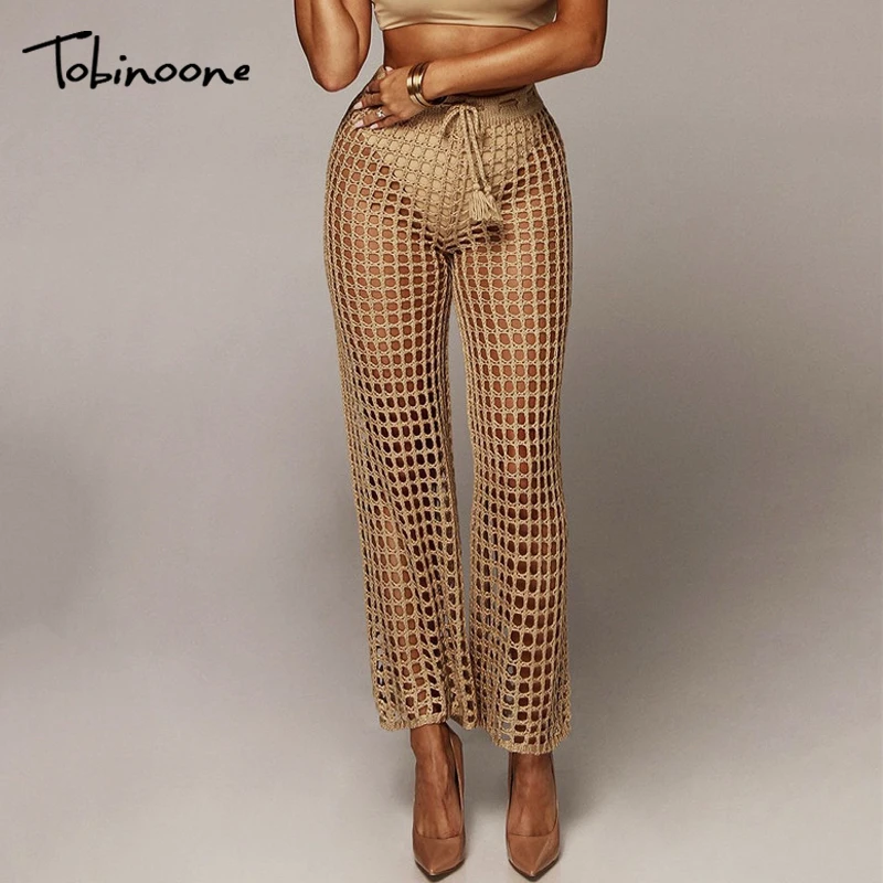 

Tobinoone Women Summer Beach Knitted Hollow Out Pants See Through Mesh Crochet Flare Pant Sexy Bodycon Party Trousers Clubwear