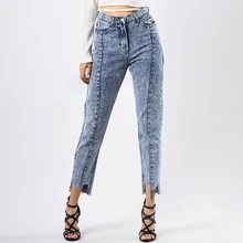Высокая талия Boyfriend прямые джинсы женские винтажные джинсовые брюки асимметричные женские брюки неправильный крой с учетом большого размера