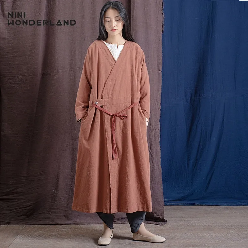 

NINI WONDERLAND 2019 Autumn Cotton Linen Long Trench Coat Women Torn Edges Loose Cardigan Coat Female Spring Large Size Outwear