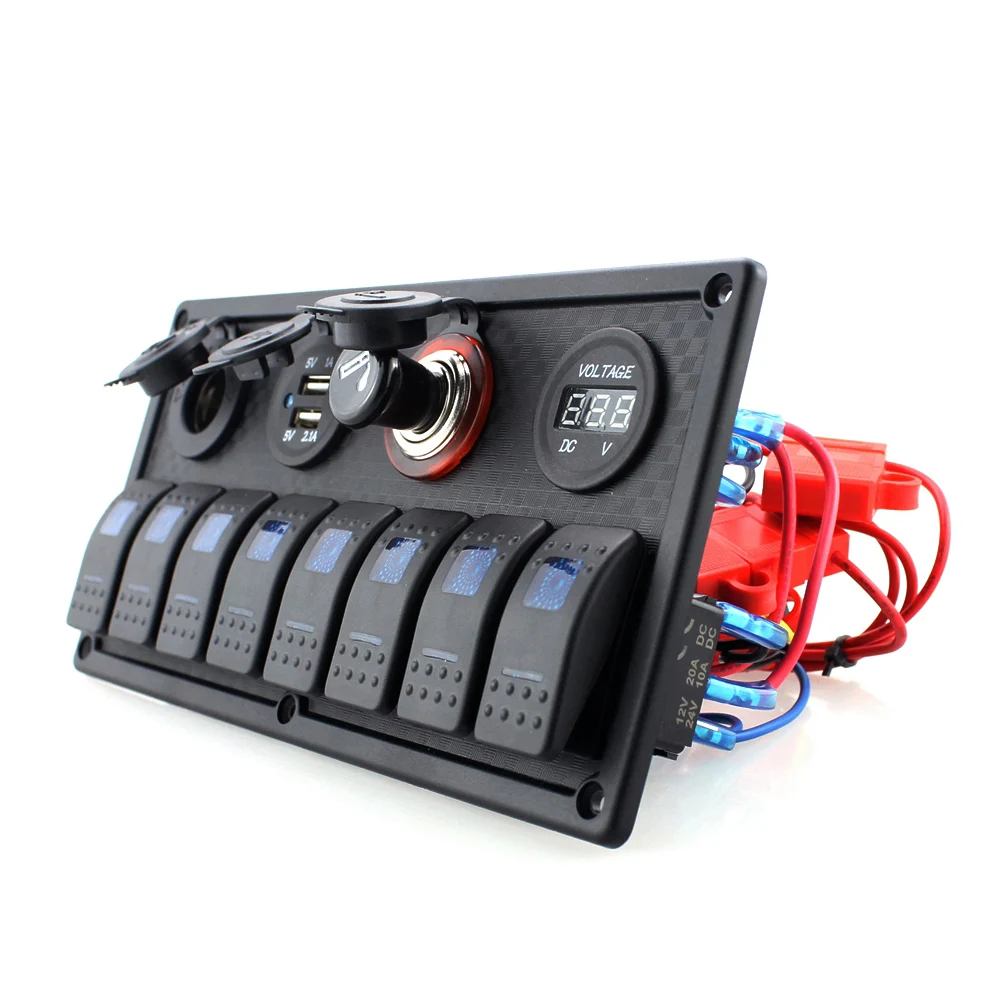 

8 Gang Rocker Switch Panel Dual USB Slot Socket Digital Voltage Display Cigarette Lighter LED Light for Marine Boat Car Truck