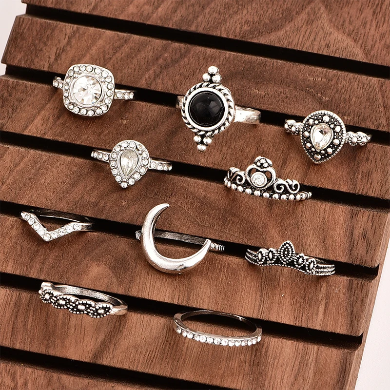 

Graceful Waves 2019 New Arrival Unique Rings Set Crystal Moon Geometric High Quality Silver Crown 10PCS/Set Heart Bohemian Retro