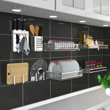 

304 Stainless Steel Kitchen Shelf Rack Wall Hanging Free Nail Kitchen Storage Holder Multifunction Kitchen Organizer Tools