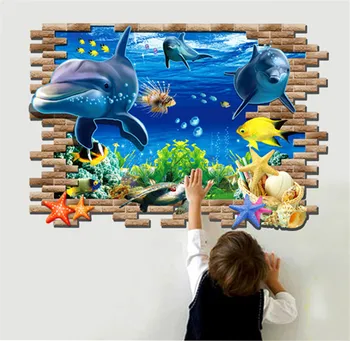 

3D Ocean Dolphins Wall Mural Removable Wall Sticker Art Vinyl Decal Room Decoration Kids