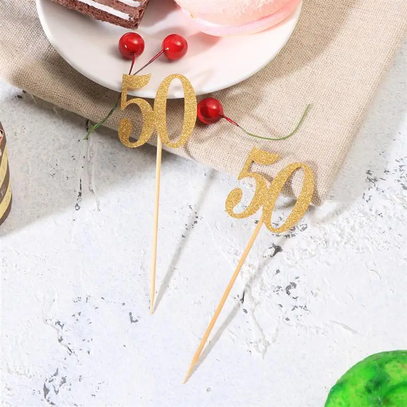 

24 Pcs Cake Toppers Number 50 Glitter Paper Creative Fruit Picks for Birthday Party Banquet Baby Shower
