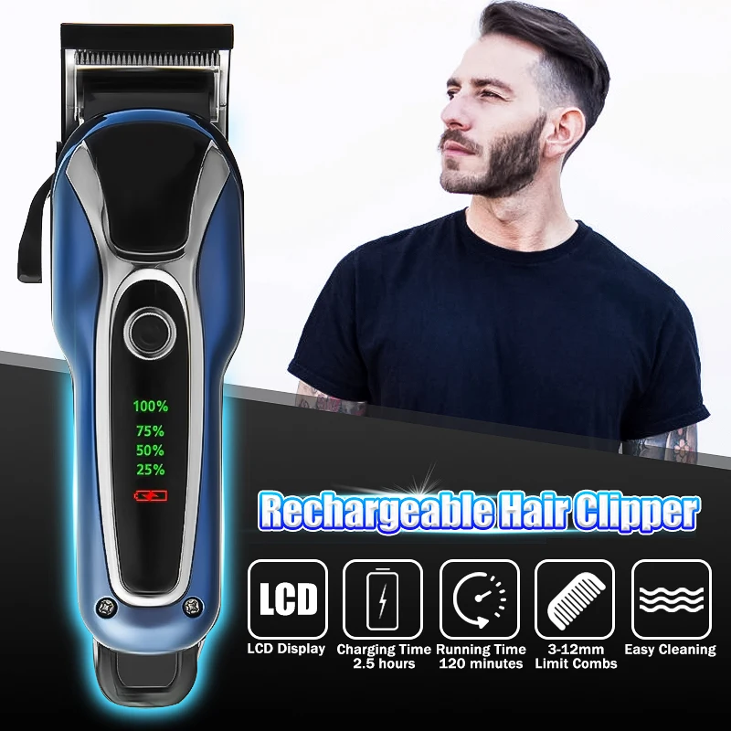 

Newest Barber Salon Hair Trimmer Rechargeable Electric Clipper Beard Body Shaver Hair Cutting Machine LED Display Steel Blade