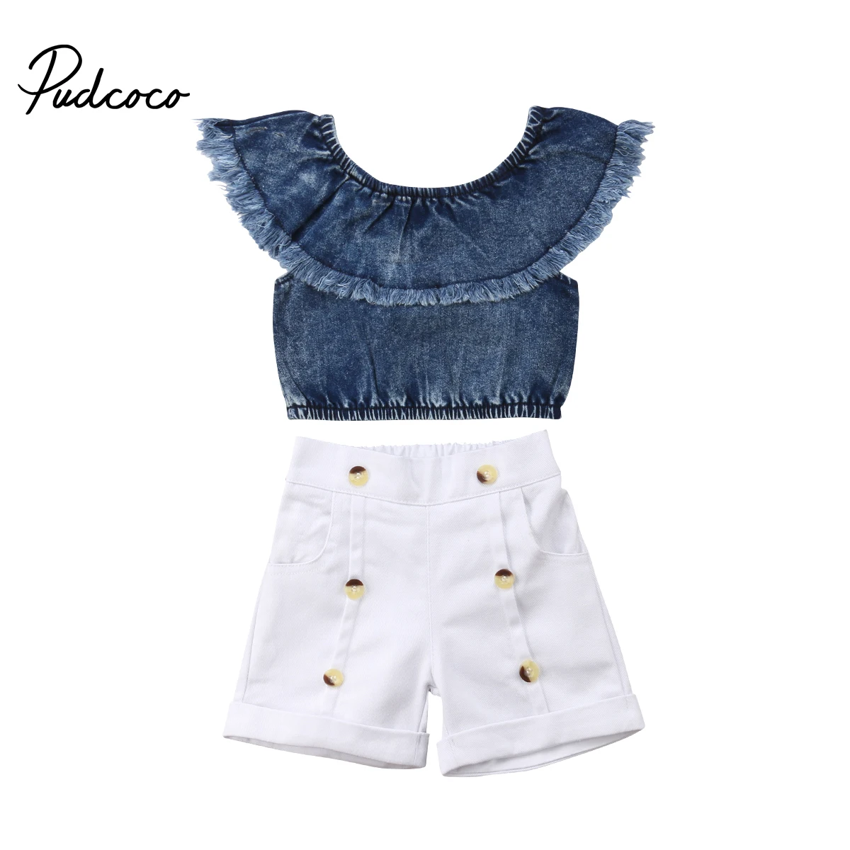 

pudcoco Cute Infant Baby Denim Tops Girls Ruffles Decor Blue T-shirt +Short Outfit Girl Clothes Set cotton summer 2019 clothing