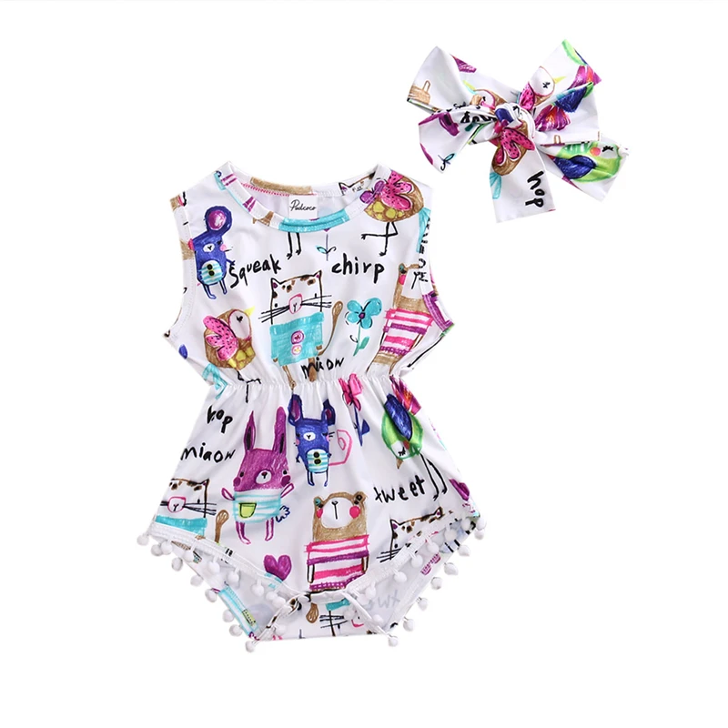 CANIS 2019 New Sweet Infant Baby Girl Romper Headband Painting Jumpsuit