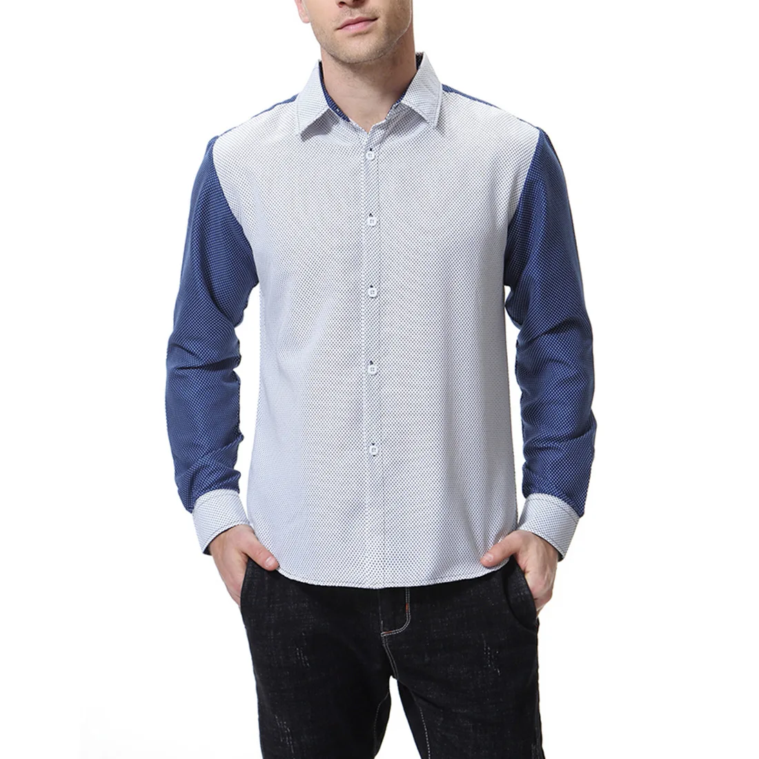 

2019 Autumn New Fashion Dot Printing Men's Shirt British Wave Point Color Long Sleeve Shirt Men's Shirt Y095