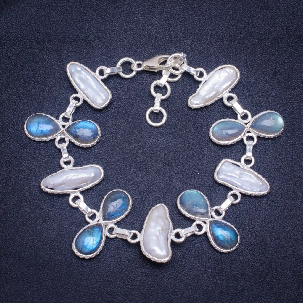 

Natural Biwa Pearl and Labradorite Handmade Unique 925 Sterling Silver Bracelet 6.25-7.25" A2938