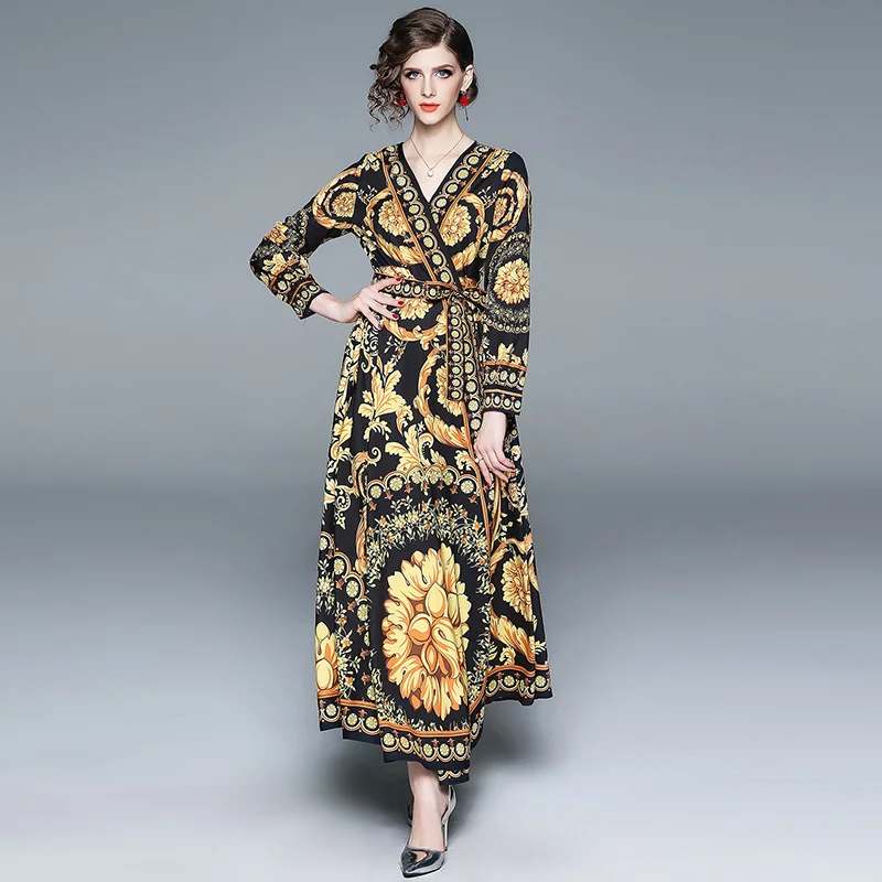 

New Women Long dress Print Baroque Posed Waist Dresses Yellow 3161