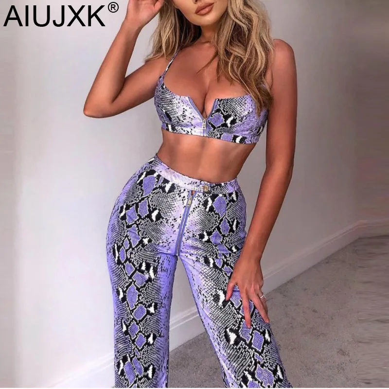 

AIUJXK Snake Print 2 Two Piece Set Women 2019 New Arrival Strapless Zipper Crop Vest Tops And Pant Summer Sexy Backless Outfits