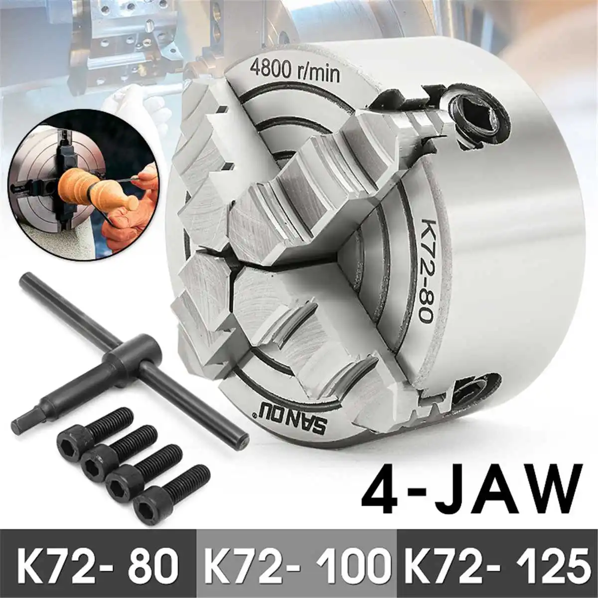 

4 Jaw Lathe Chuck 80mm/100mm/125mm K72- 80/K72- 100/K72- 125 Independent 1pcs Safety Chuck Key 3pcs Mounting Bolt