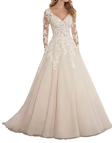 

2019 New Fashion Eppliqued Backless Lace Mesh Fabric Long Sheelves V Neck Long Sleeves Sexy Open Back Bridal Wedding Dresses