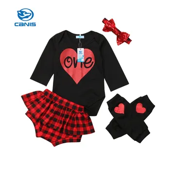 

New Infant Baby Girls First Birthday Long Sleeve Romper Bodysuit + Ruffle Shorts+Headband+Leg Warmer 4 pcs Infant Outfits Set