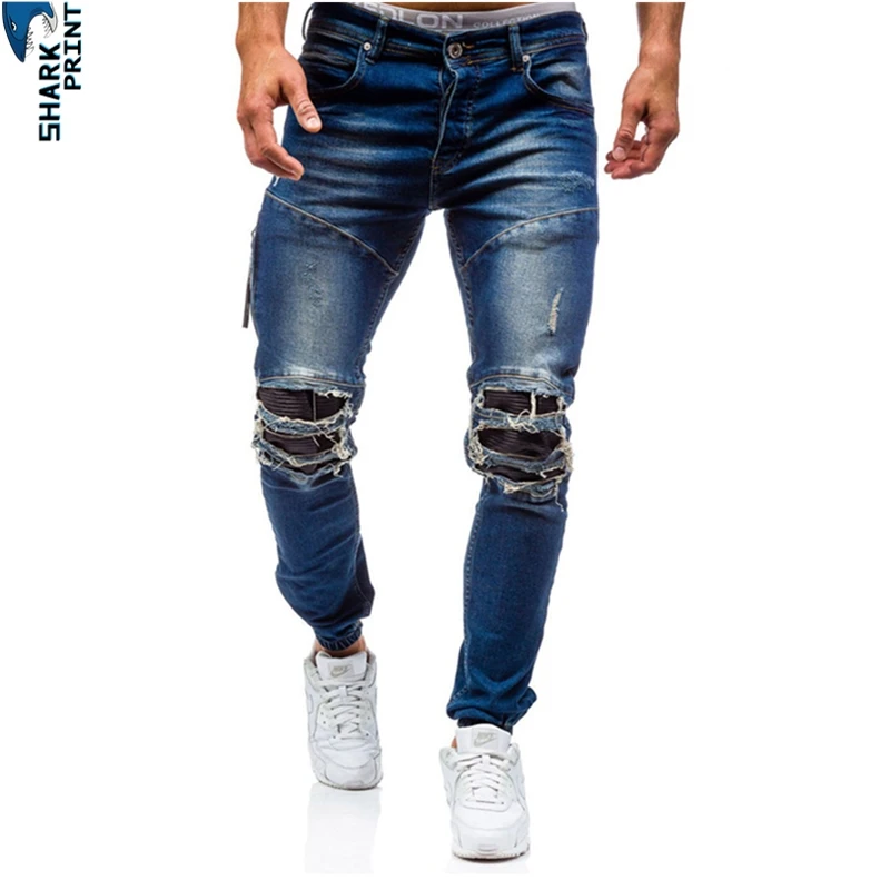 SharkPrint для мужчин Зимние Модные Лоскутные отверстия Джинсовые рваные джинсы с