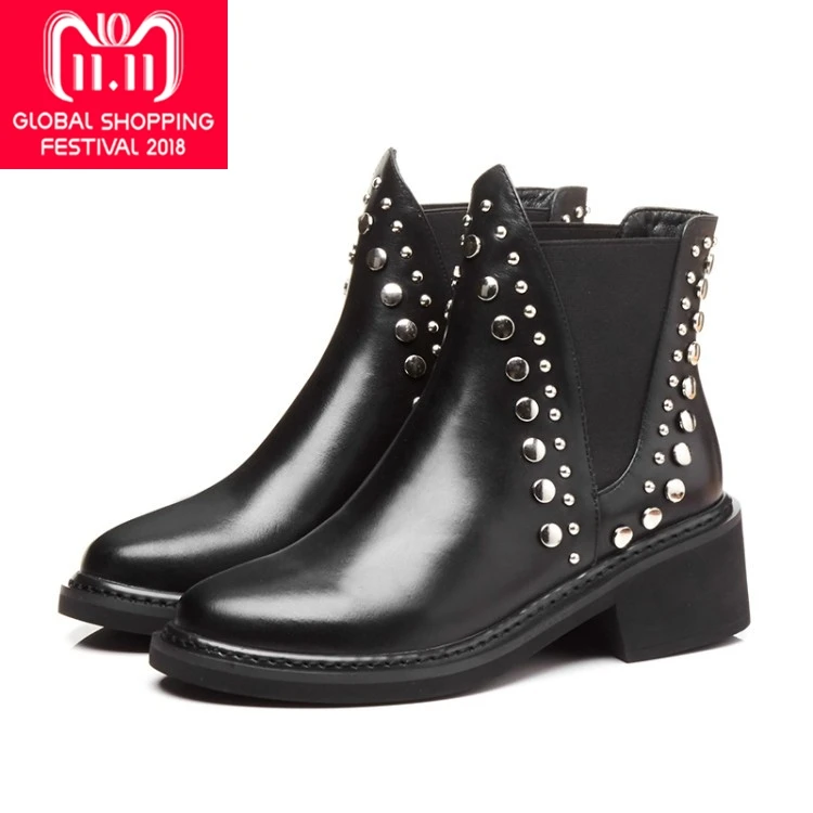 

{Zorssar} winter women shoes high heels ankle boots 2018 high quality Genuine Leather Chelsea boots fashion rivet Female Boots