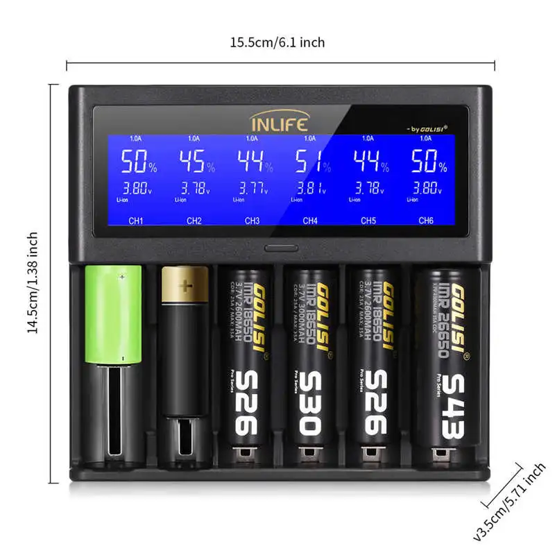 Golisi S6 2A 1A 0.5A интеллектуальное зарядное устройство Lcd для 18650 26650 20700 21700 Li Ion Ni MH Cd Aaaa