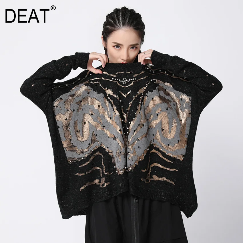 

[DEAT] 2020 New Spring Black Patchwork Loose Full Sleeve O Collar Pullover Women Fashion Tide Beading Sweater OA87