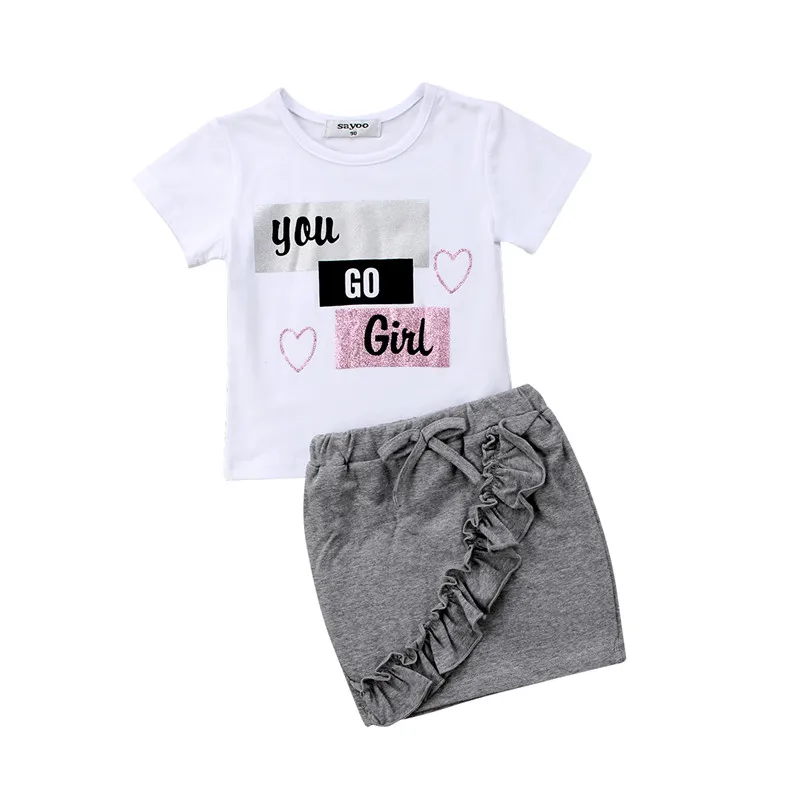 

2PCS Kid Baby Girls Cotton Letter Tops T-shirt Short Ruffles Pencil Skirt Mini Girls Dress Outfit Clothes Set Hot Wholesale 1-5T