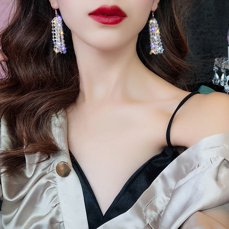 FYUAN длинные кисточки кристаллы Висячие серьги для женщин Bijoux изысканные стразы