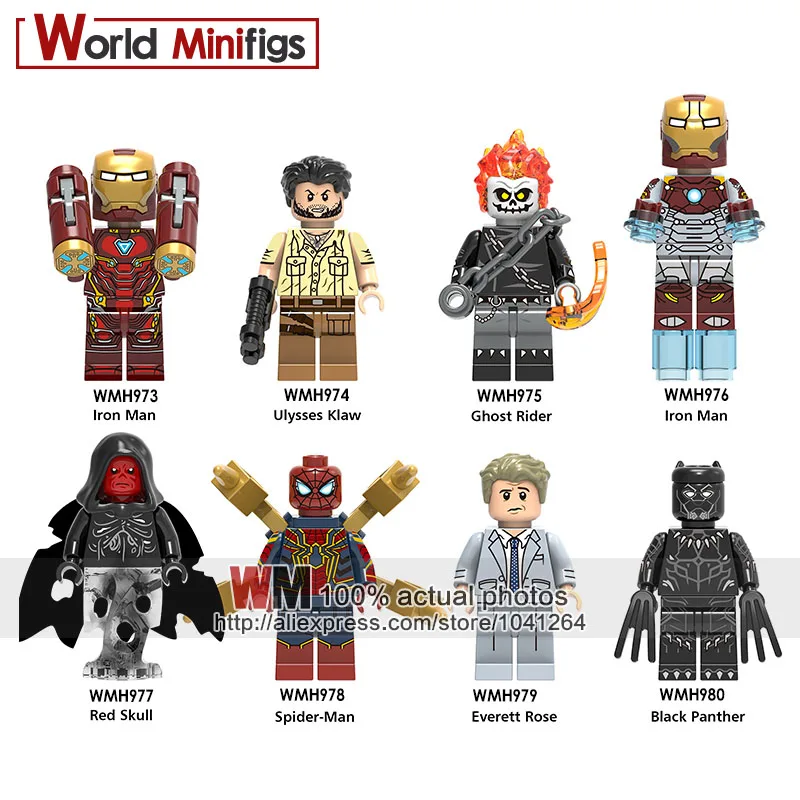 

20PCS/LOT Marvel Super Heroes Iron Man Ulysses Klaw Ghost Rider Red Skull Everett Rose Black Panther Building Blocks Kid Toys