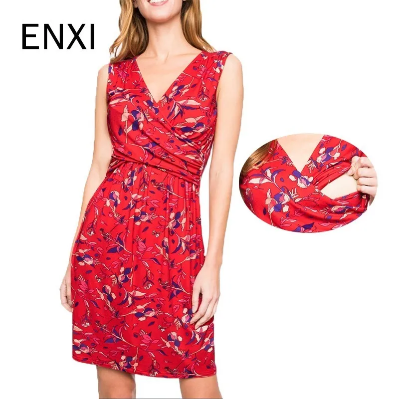 

ENXI Summer 2019 Maternity Dress Pregnancy Dress Breastfeeding Clothes Women Pregnants Maternity Sleeveless Print Sundresses