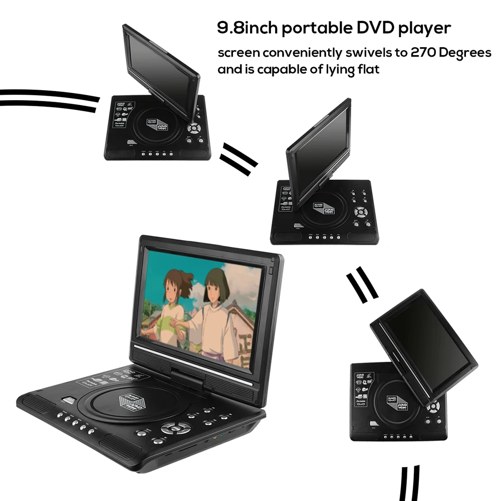 FORNORM 9,8 дюймовый ЖК-дисплей dvd-плеер 270 градусов поворотный экран Портативный DVD игровой плеер с адаптером с европейской вилкой