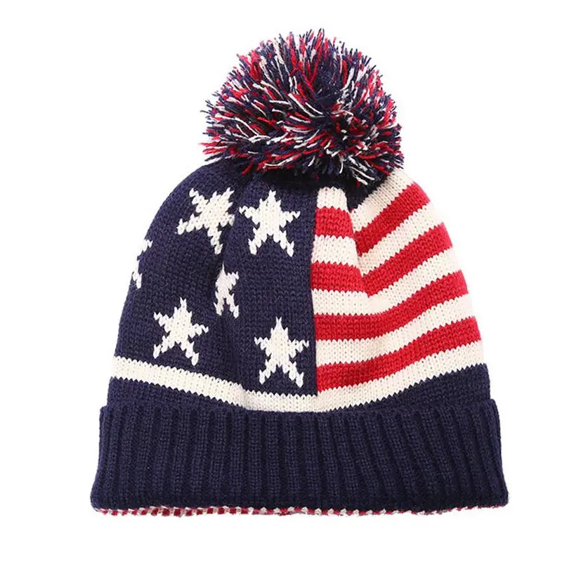 Новые осенние и зимние теплые вязаные шапки для мужчин и женщин с принтом американского флага, шерстяная шапка, модная крутая шапка с меховым помпоном, унисекс вязаная шерстяная шапка