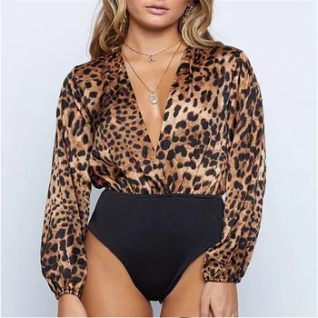

Fashion Sexy Women Leopard Bodysuit Long Sleeve Overalls Summer 2019 Bodycon Jumpsuit Romper V Neck Ladies Playsuit Clubwear