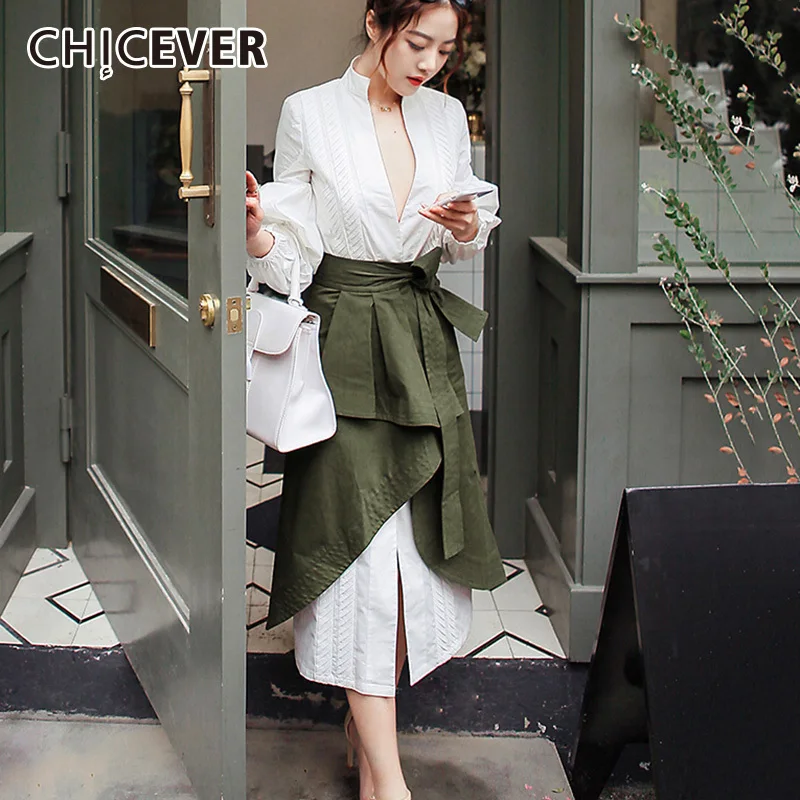 CHICEVER Herfst Twee Stukken Set Vrouwen Pak Puff Mouwen Wit Shirt Met Hoge Taille onregelmatige Midi Rok Kleding Fashion Koreaanse CHICEVER Herfst Twee Stukken Set Vrouwen Pak Puff Mouwen Wit Shirt Met Hoge Taille onregelmatige Midi Rok Kleding Fashion Koreaanse