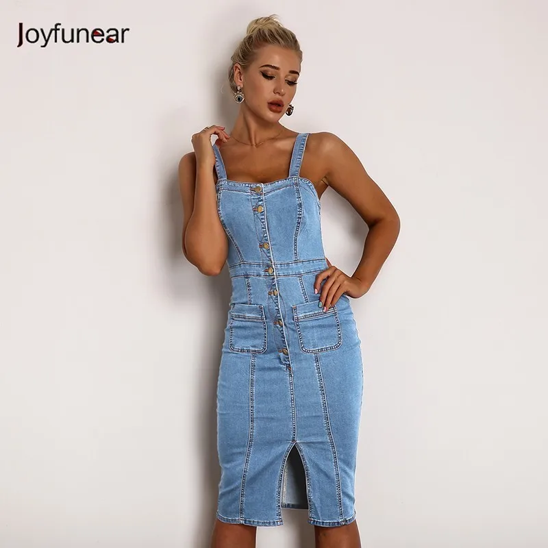 

Joyfunear Backless Bodycon Midi Dress Women Summer Vestidos 2019 New Pocket Button Jeans Dress Sexy Split Ladies Denim Dresses