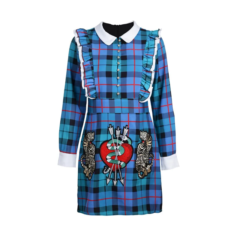

2019 Summer Vintage Tiger Embroidery Women Mini Dress Runway Ruffles Pearls Long Sleeve Female Party Dresses Clothes 2019 Summer