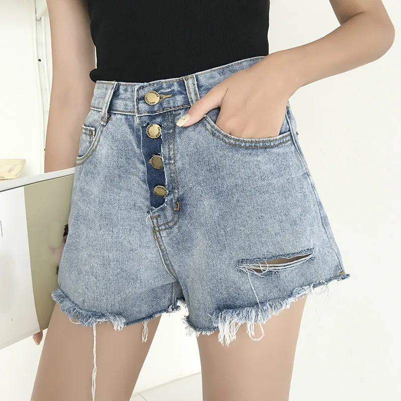 

Elegant Ripped Hem Denim Shorts 2019 New Summer High Waist Casual Woman Fromt Bottoms Straight Loose Shorts Jeans