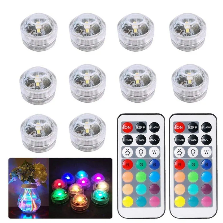 

Battery Operated Waterproof RGB Submersible LED Light Underwater Night Lamp Tea Lights for vase,bowls,aquarium and party Wedding