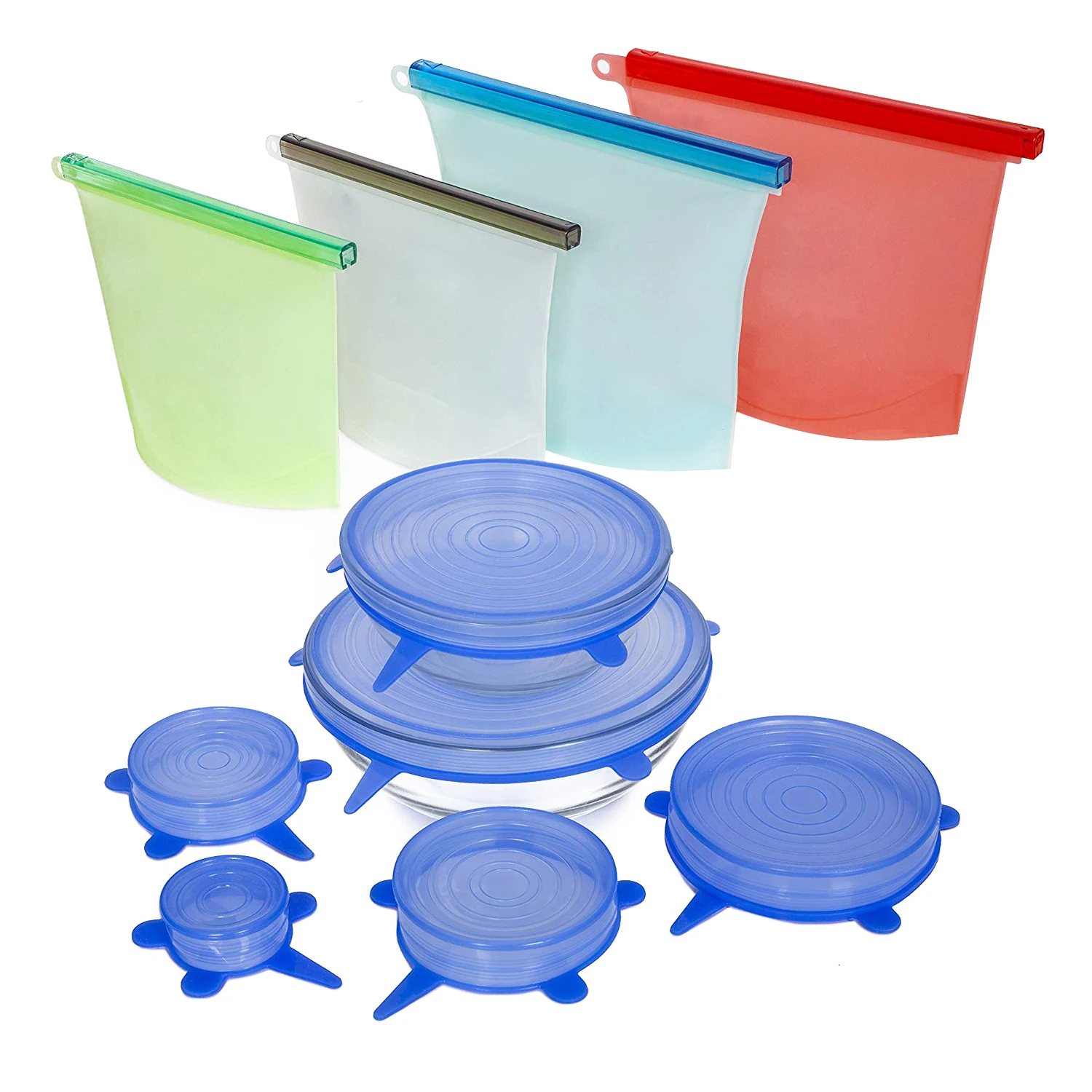 

Reusable Silicone Food Storage Set by Reusable Silicone Food Bags, Reusable Silicone Food Bags 4 Pack, Silicone Stretch Lids,