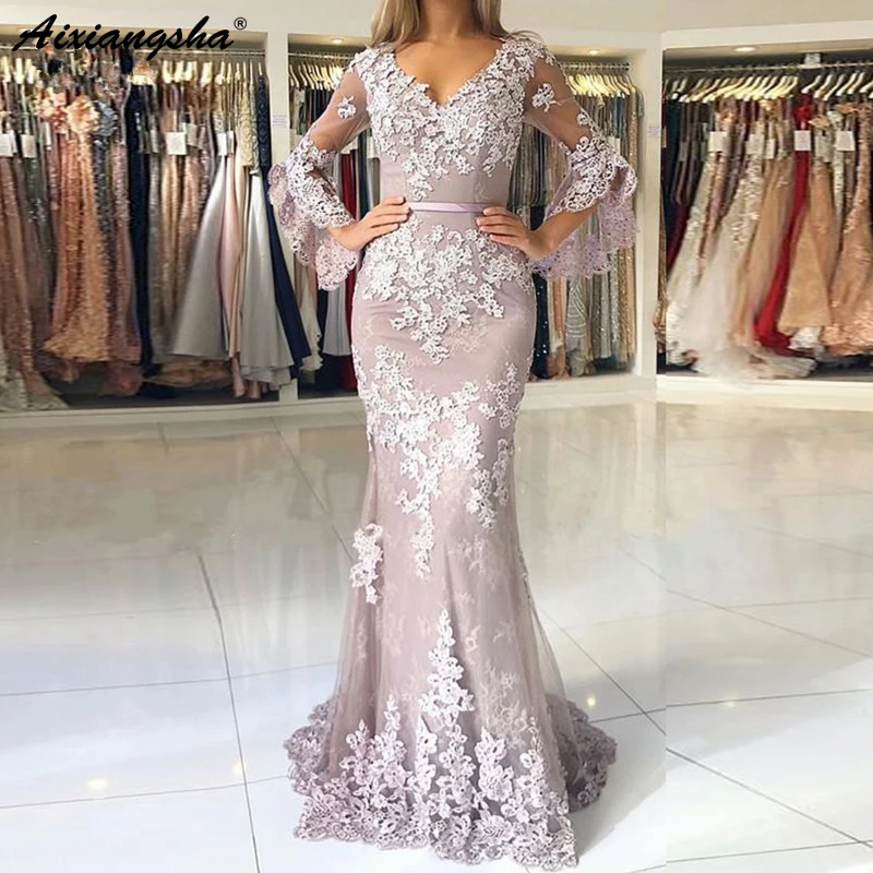lilac gown with sleeves