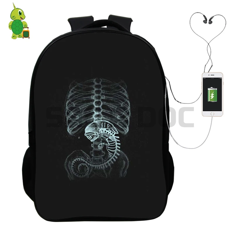 

Horrible Alien Multifunction School Bags for Teenagers USB Charging Headphone Jack Laptop Backpack Large Capacity Travel Bags