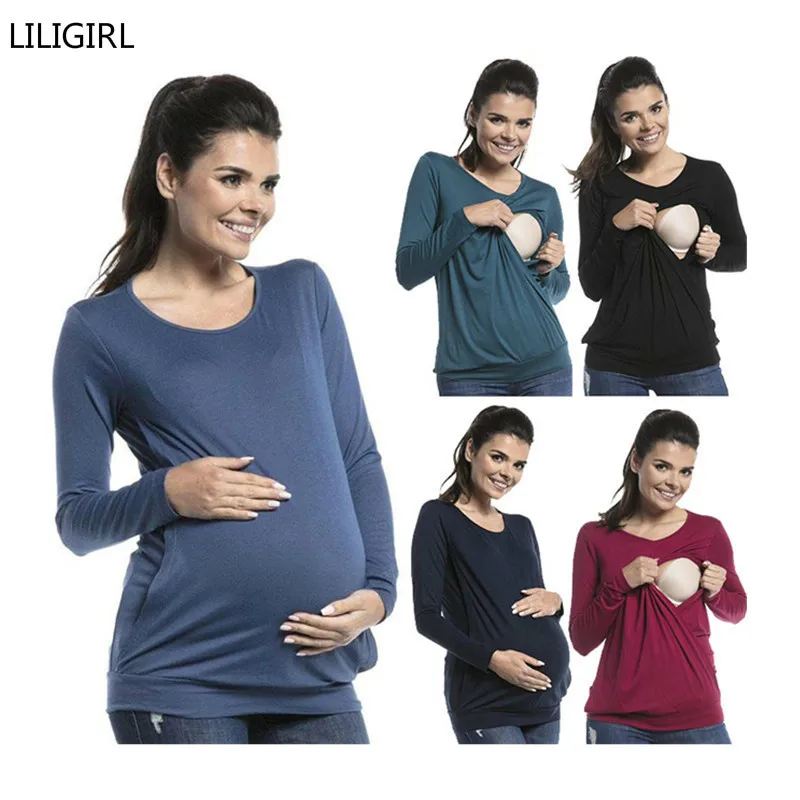 New Long Sleeve Women Pregnant Maternity Clothes Nursing Tops Breastfeeding Casual Tee Solid T-Shirt Blouse Size 2019