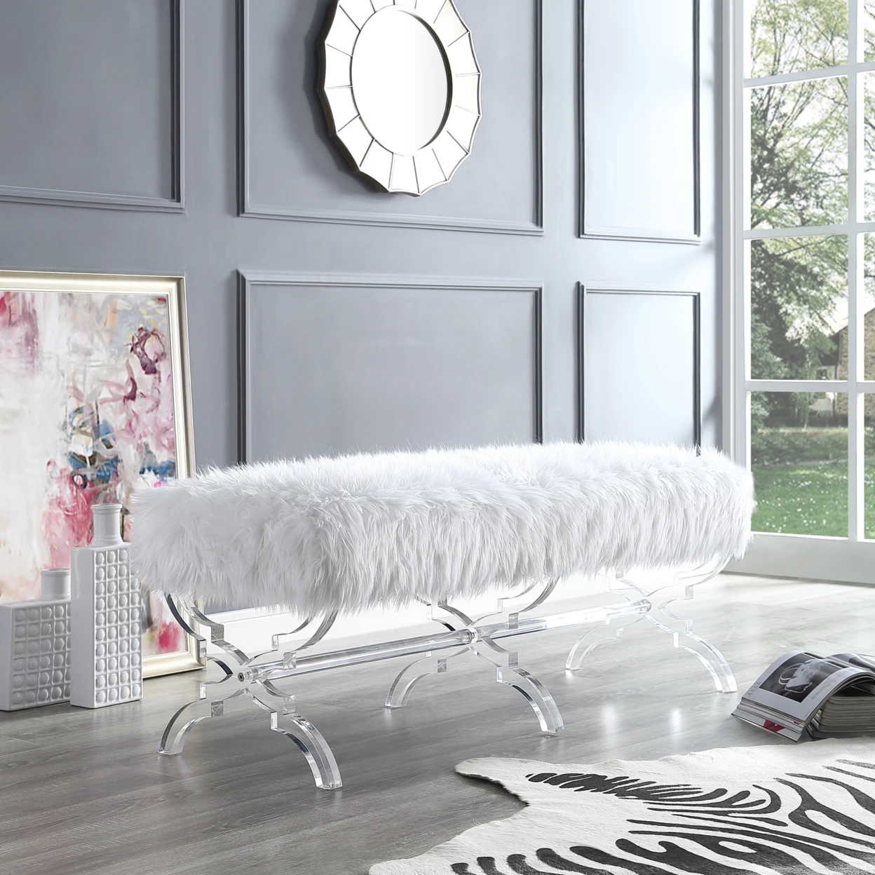 Laris Faux Fur Bench Modern Acrylic X Leg | Upholstered ...