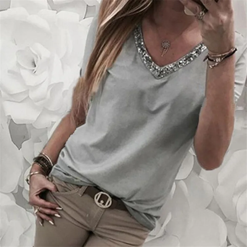Sequined T-shirts Women T Shirts Short Sleeve Plus Size 4XL 5XL Summer Top V Neck Casual TShirt Femme Tees Camiseta Feminista Sequined T-shirts Women T Shirts Short Sleeve Plus Size 4XL 5XL Summer Top V Neck Casual TShirt Femme Tees Camiseta Feminista