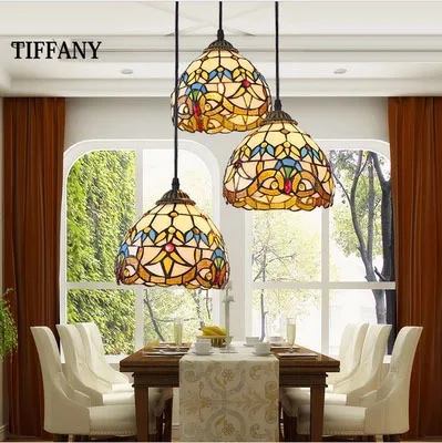 

European Tiffany Retro Shell Mediterranean Pastoral Pendant Lights 3 Line Head Luminaria Teto Hanging Lamps For Home Decoration