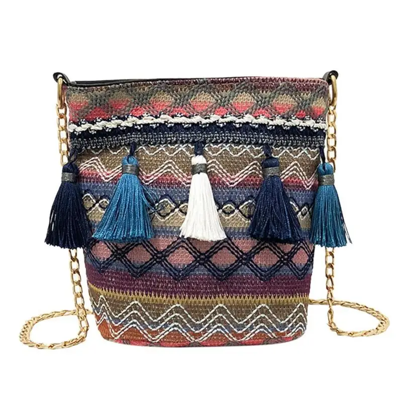 

Vintage Print Tassels message Handbags Women Straw Chain Shoulder Crossbody Bags Casual Ethnic Messenger Bags Bolsa Feminina