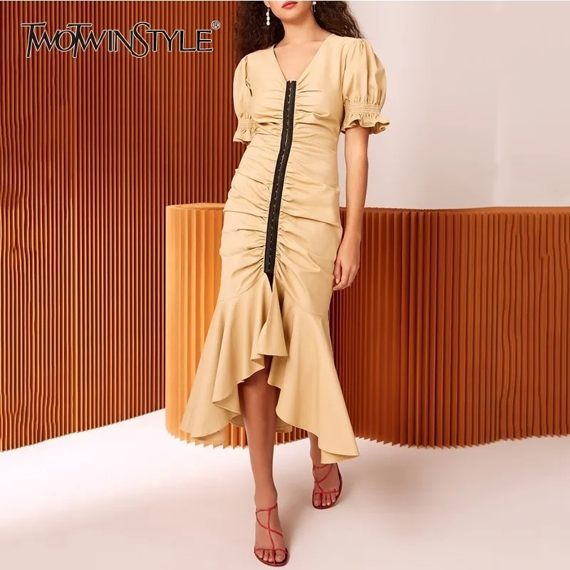 TWOTWINSTYLE Womens Dresses V Neck Puff Short Sleeve Tunic Irregular Mermaid Dress Female 2020 Spring Elegant Fashion Clothes TWOTWINSTYLE Womens Dresses V Neck Puff Short Sleeve Tunic Irregular Mermaid Dress Female 2020 Spring Elegant Fashion Clothes