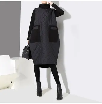 

New Fashion Women Long Sleeve Midi Dress Cotton Padded Warm Black Dress Autumn Winter High Collar Loose Dress