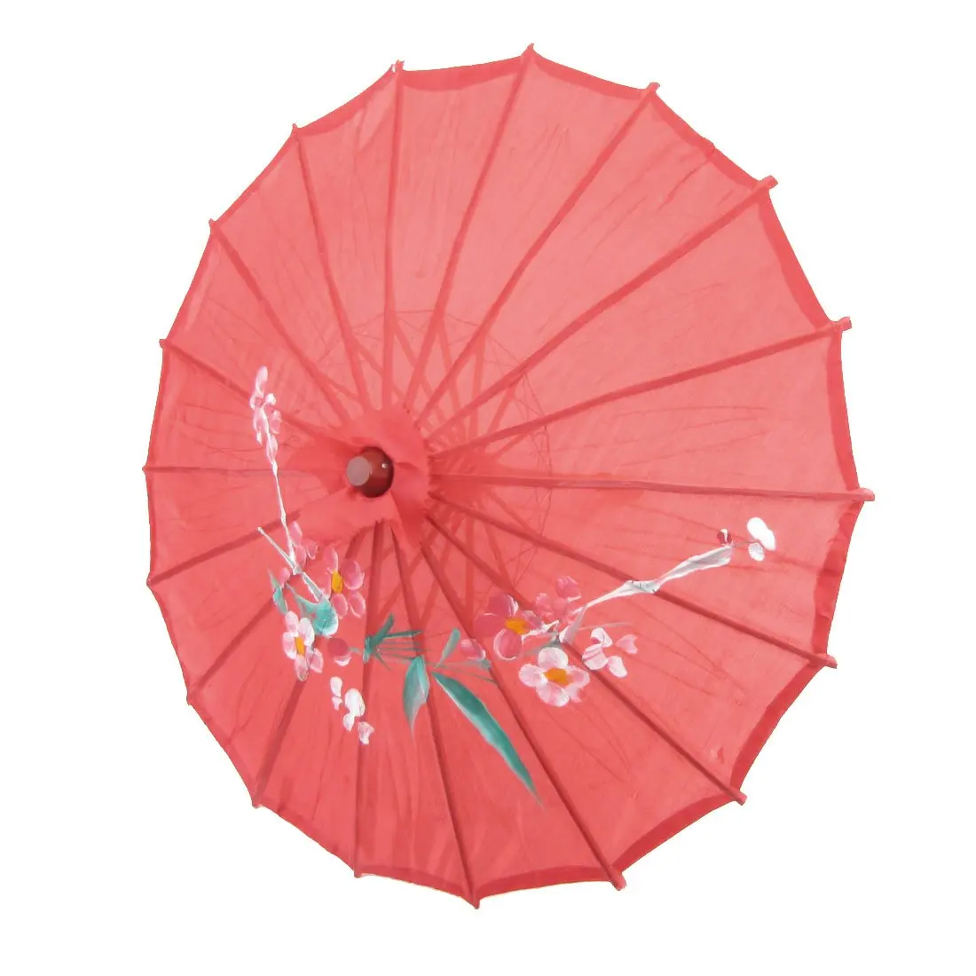 Flower Print Red Cloth Bamboo 21" Dia Chinese Oriental Umbrella Parasol